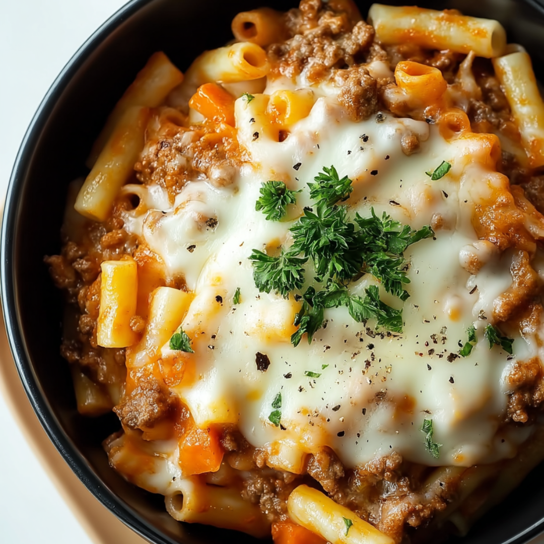 Eine Schüssel Pasta mit Fleisch und viel Käse.