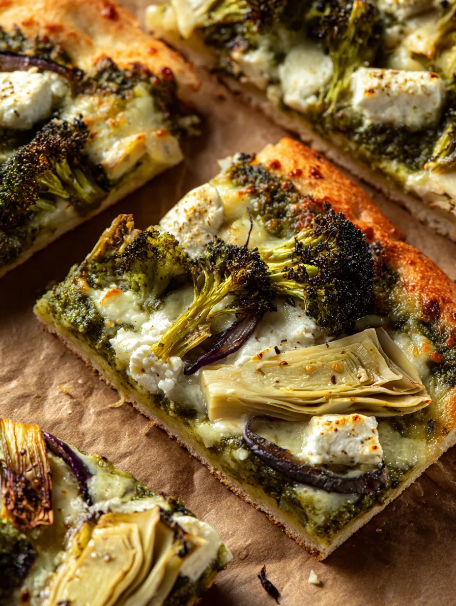 Ein leckeres Stück Pizza mit Brokkoli drauf.