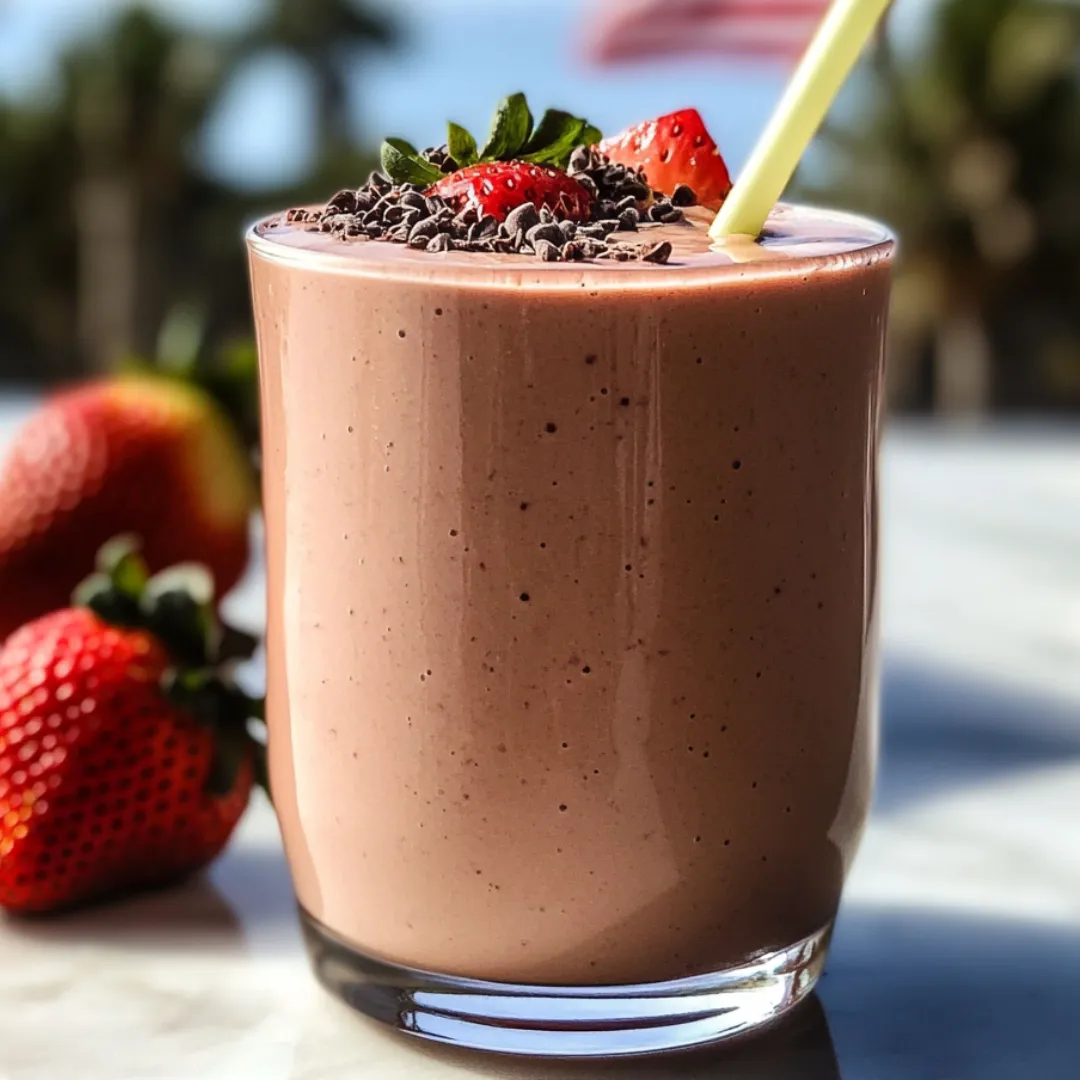 Ein Glas voll mit Schoko-Shake, oben drauf frische Erdbeeren.