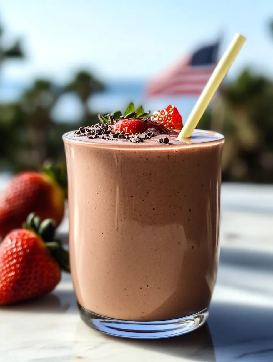 Hohes Glas mit schokoladigem Drink und Erdbeeren oben drauf.