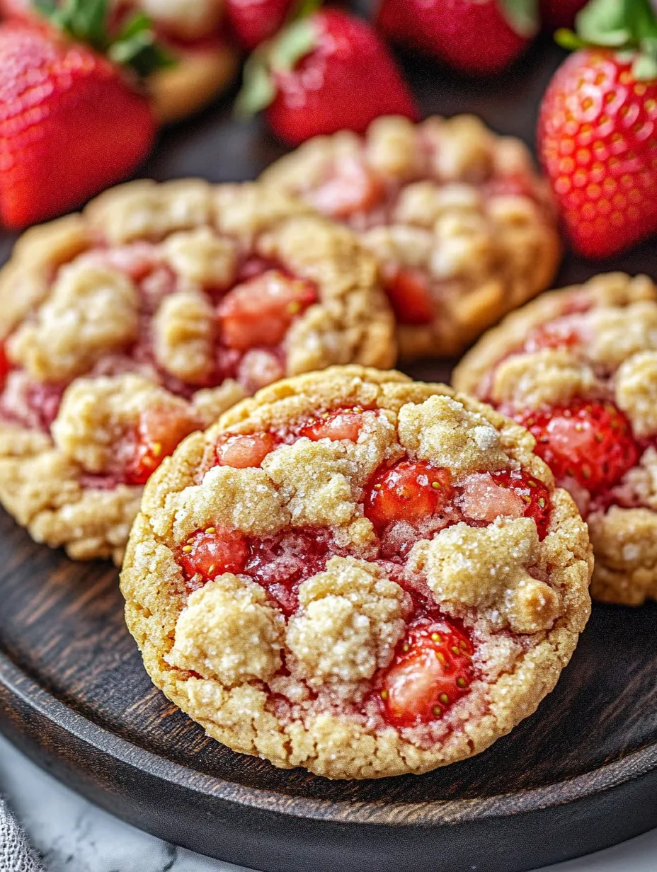 Nahaufnahme eines Kekses mit Erdbeeren obendrauf.