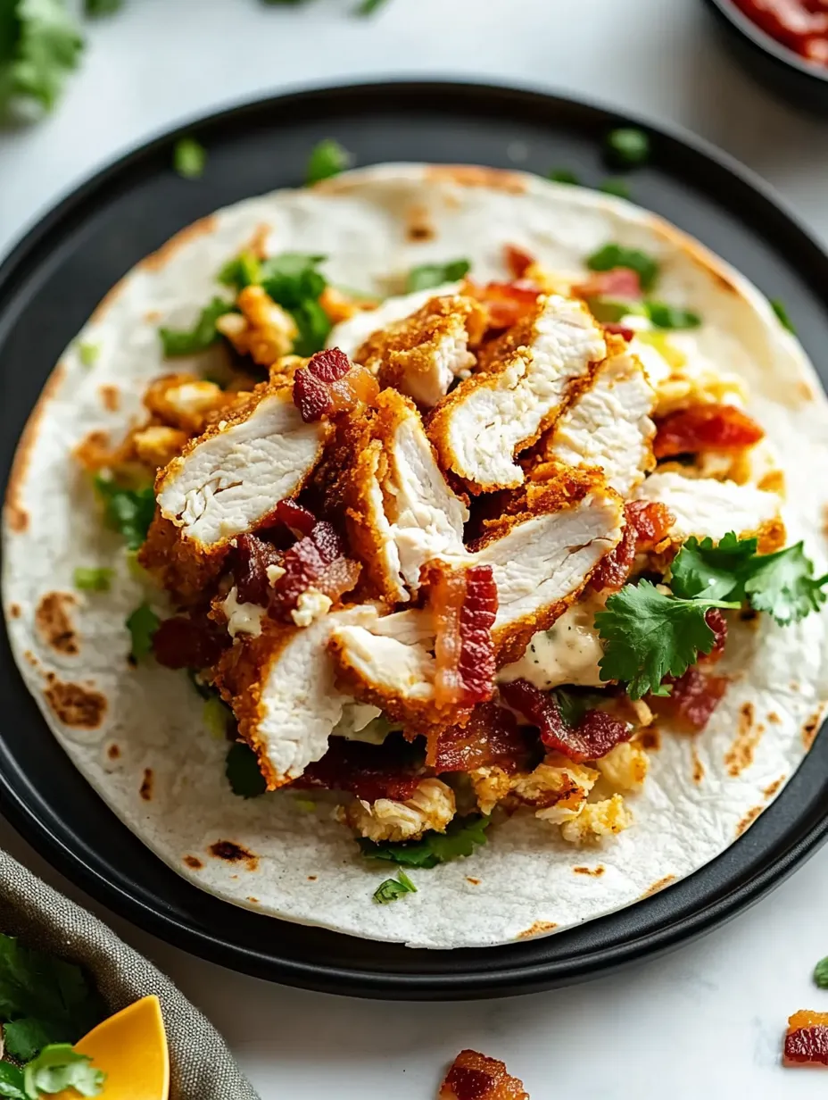 Tortilla randvoll mit Hähnchen und Bacon, bereit zum Einrollen.