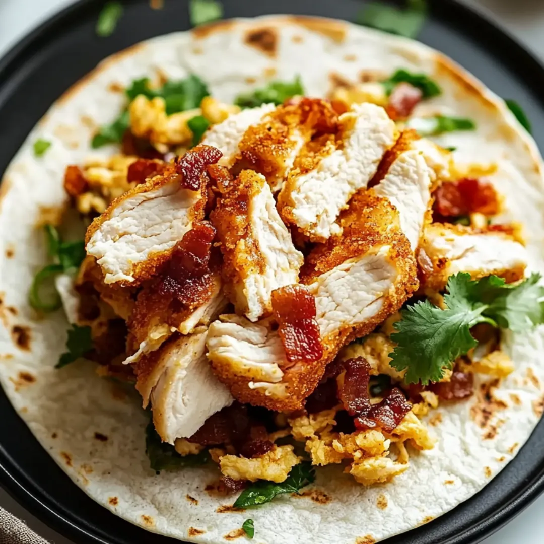Hähnchen und Bacon auf einer Tortilla gestapelt.