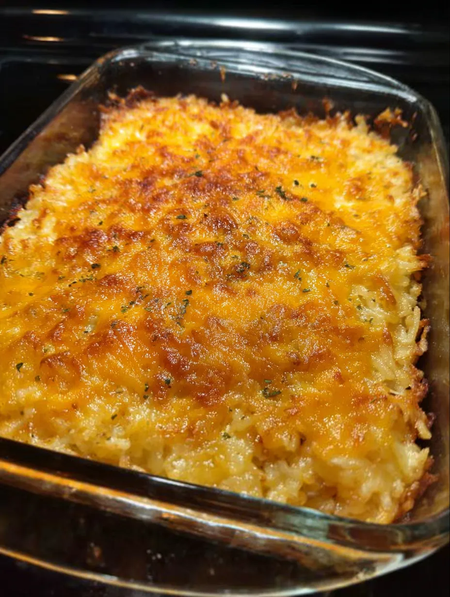 Eine Auflaufform mit geschmolzenem Käse und Kartoffeln.