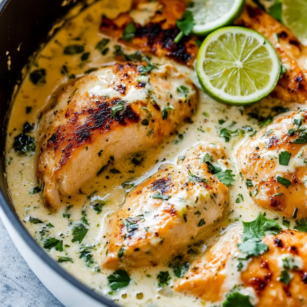 Hähnchen in einer Schüssel, Limette und Koriander obendrauf.