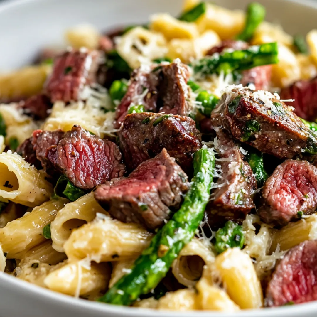 Schale voll Pasta, Steak und Spargel.