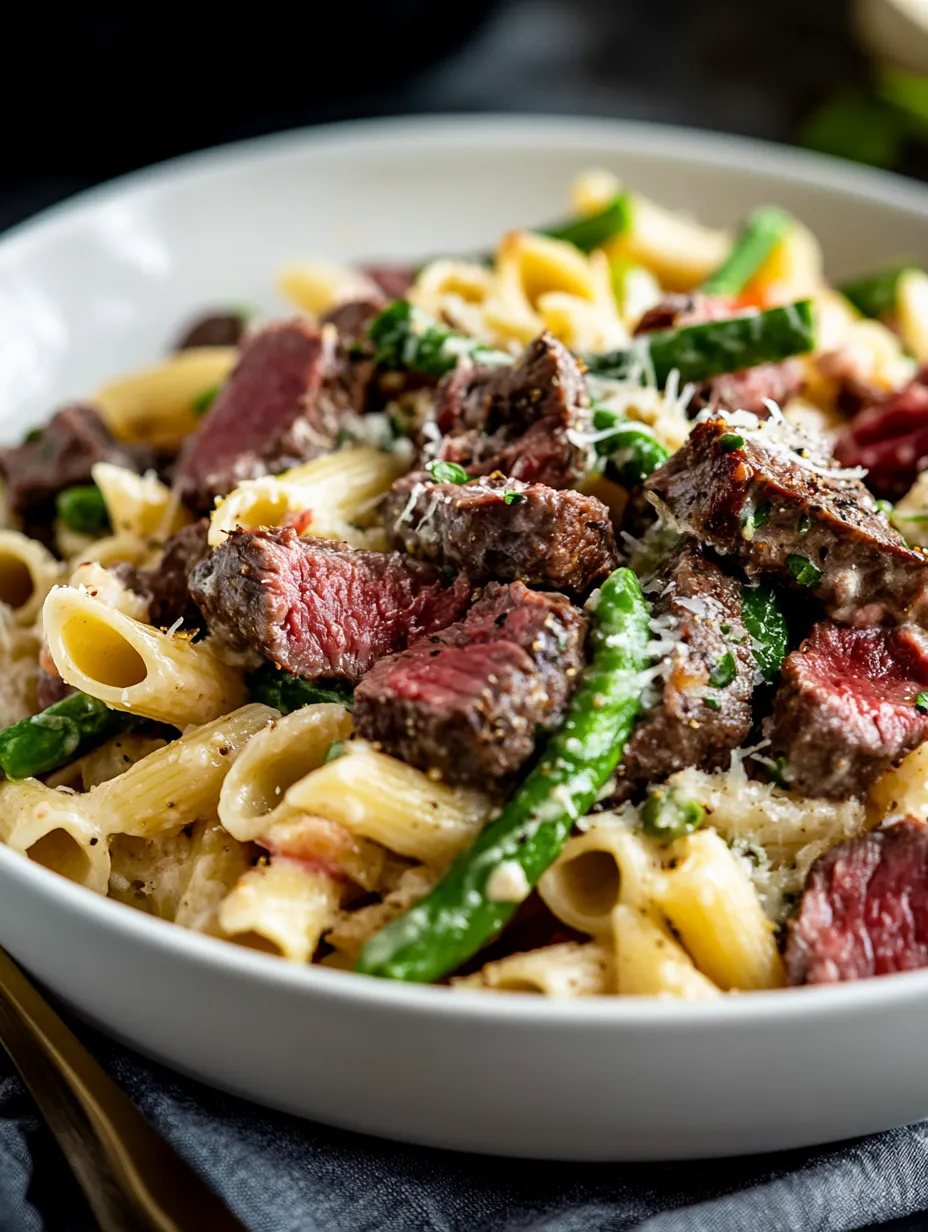 Eine Schüssel voll Nudeln mit Steak, Bacon und leuchtendem Spargel.