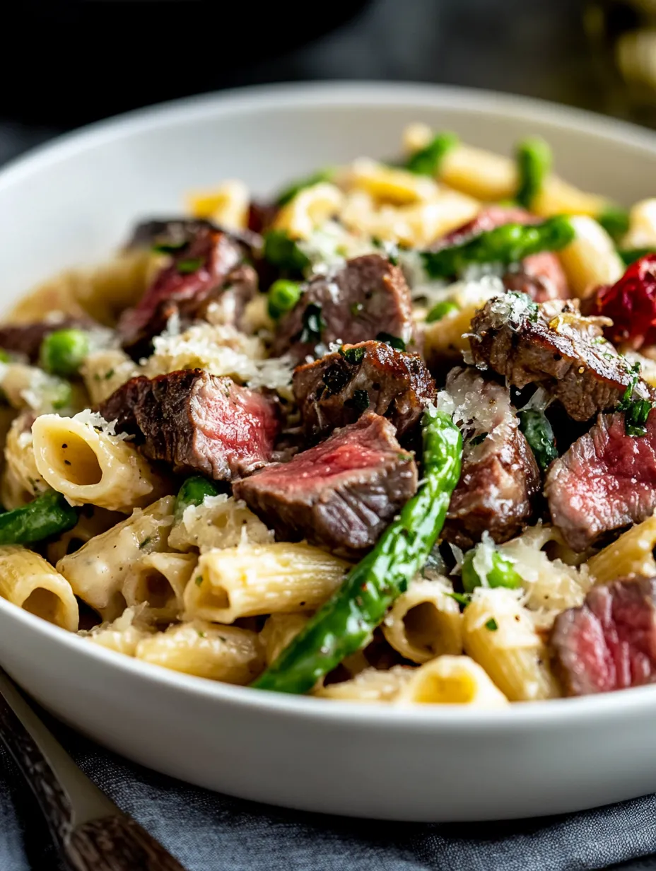 Eine Schüssel voll Nudeln mit Steak, Bacon und leuchtendem Spargel.