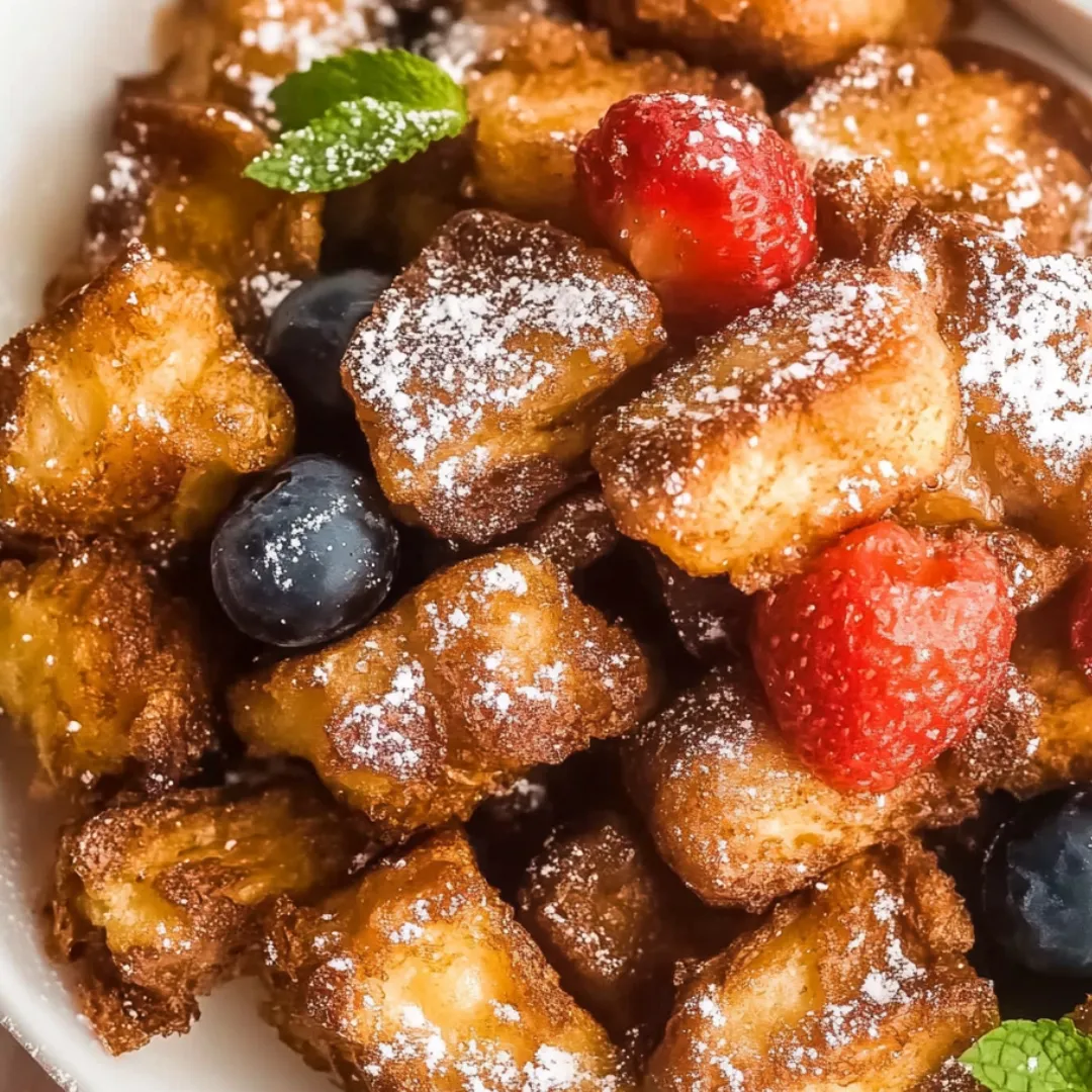 Schale voll mit Toastwürfeln und frischem Obst obendrauf.