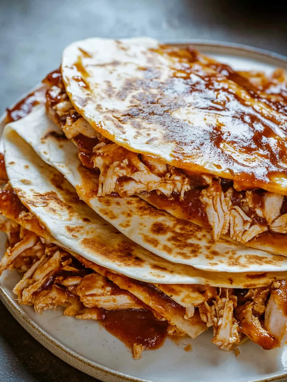Ein Teller voller Hähnchen-Tacos, gestapelt.