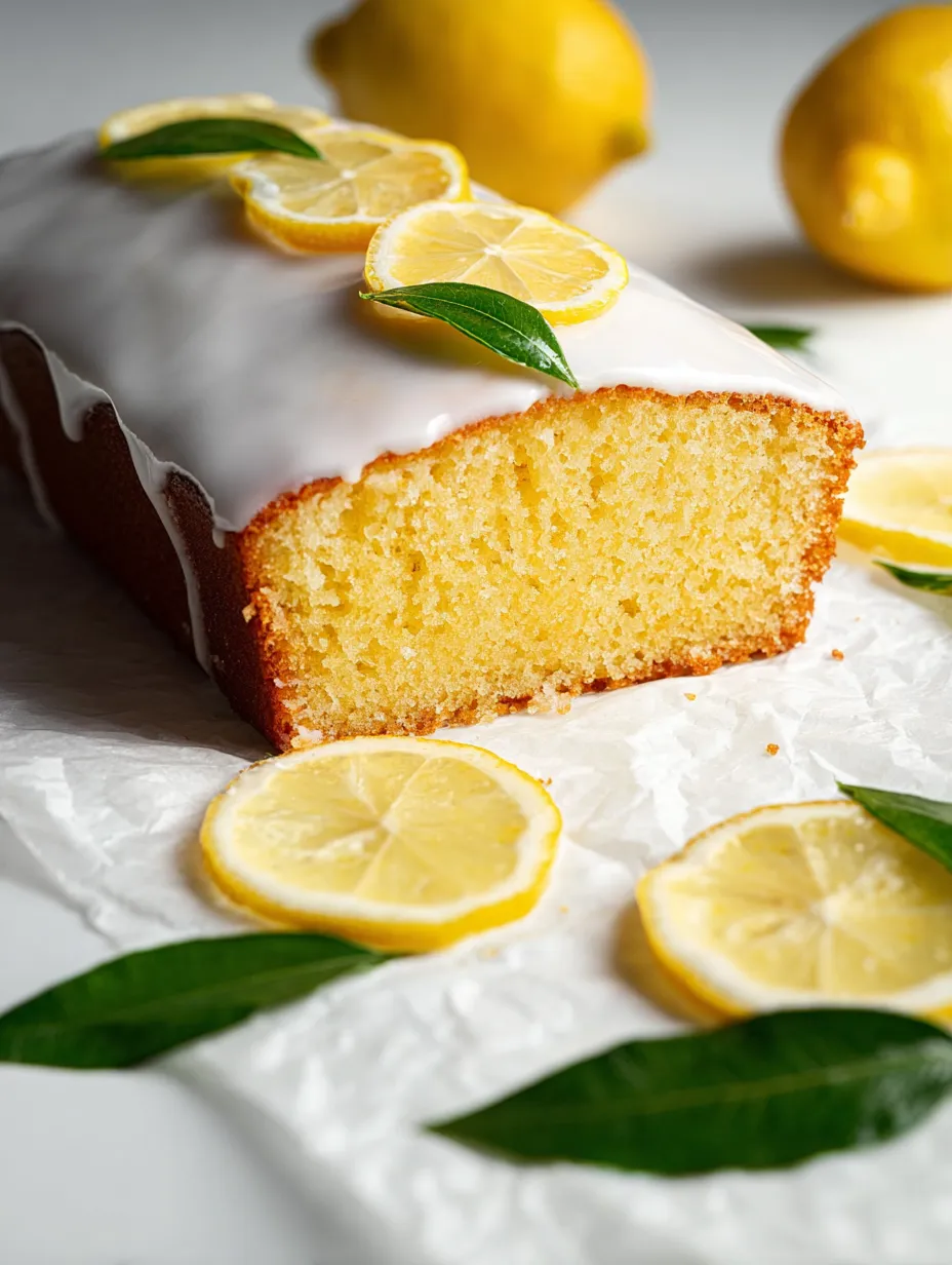 Ein Stück Zitronenkuchen mit Zitronenscheiben oben drauf.