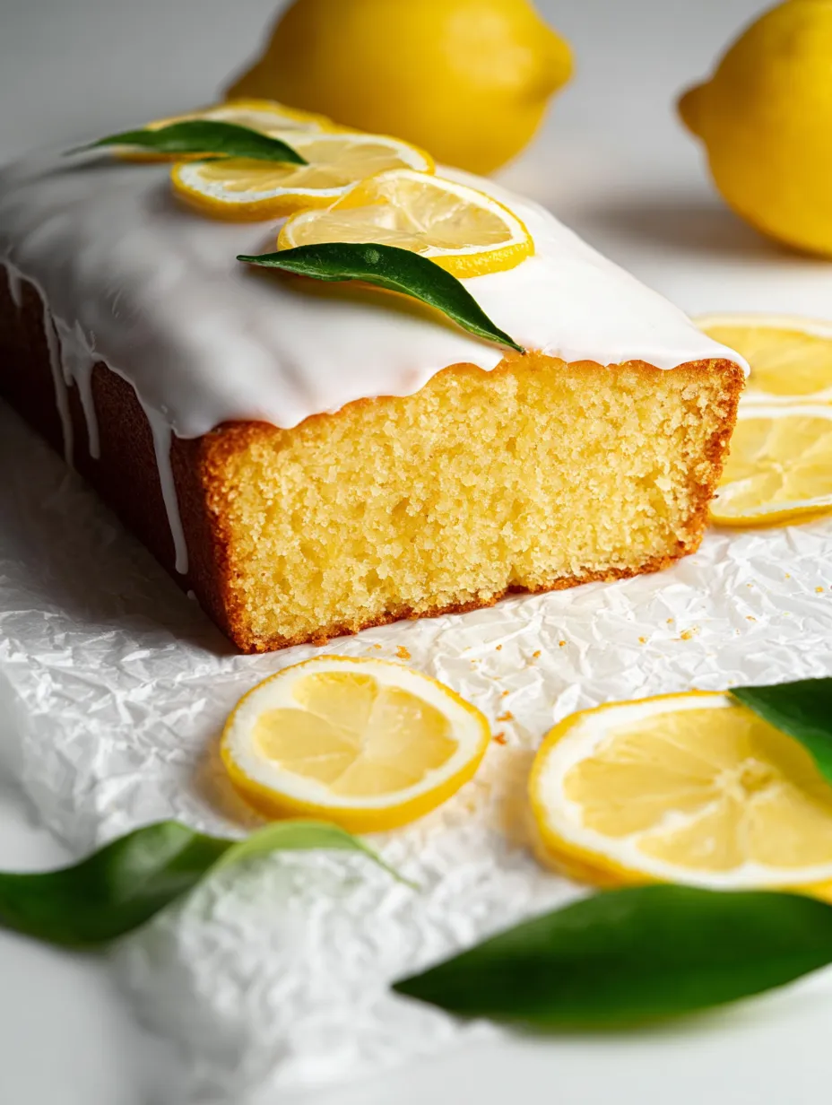 Ein Stück Zitronenkuchen mit Zitronenscheiben oben drauf.