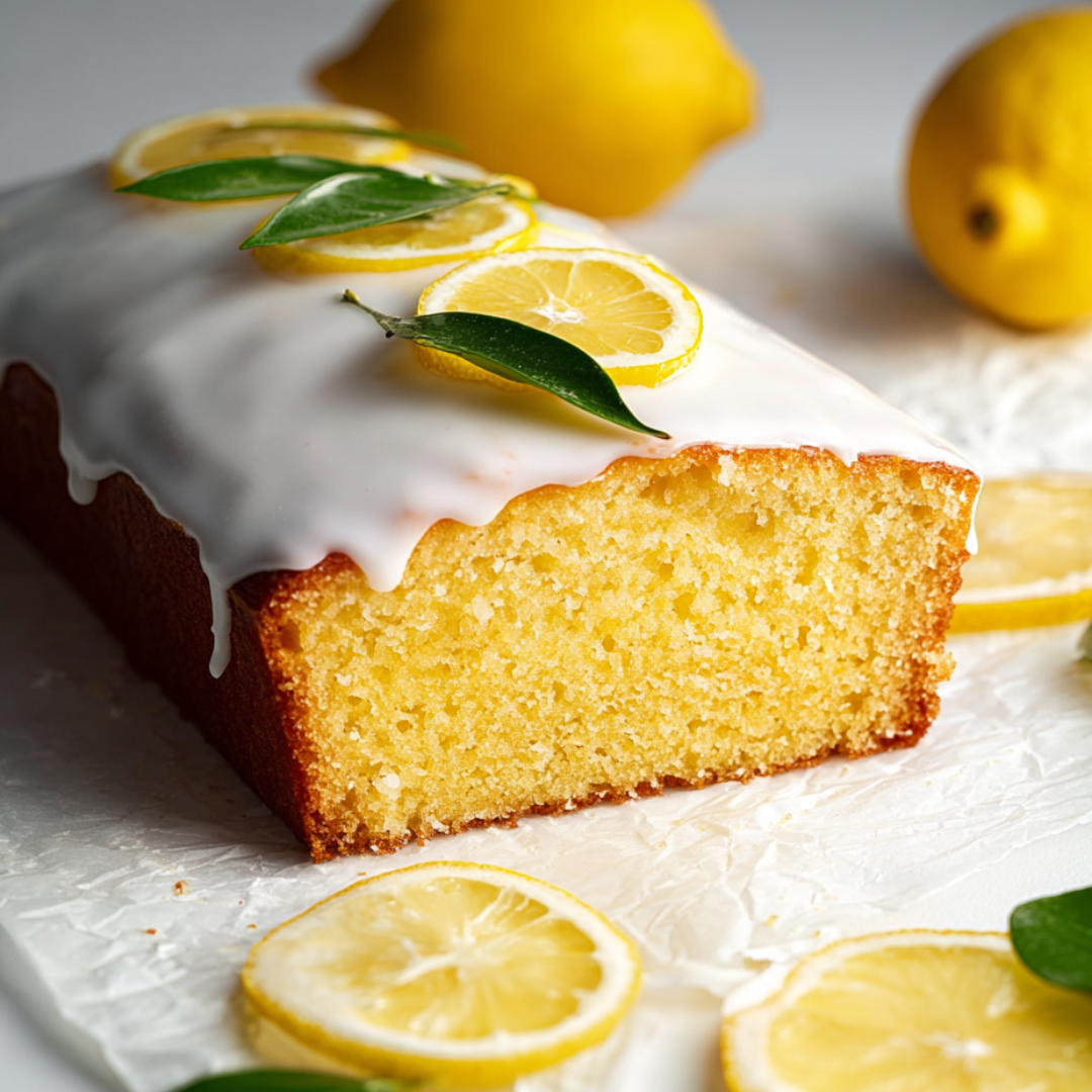 Ein Stück Zitronenkuchen mit Zitronenscheiben als Garnitur.
