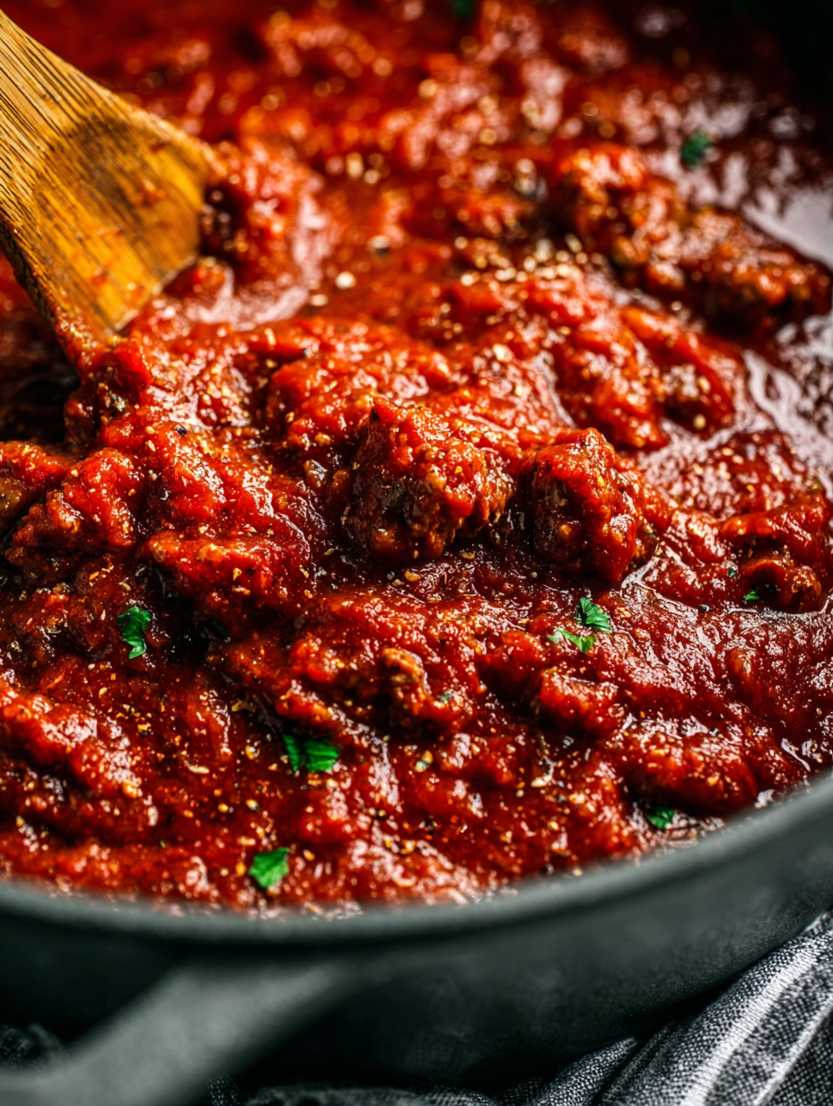 Ein Holzlöffel in einem Topf mit roter Sauce.