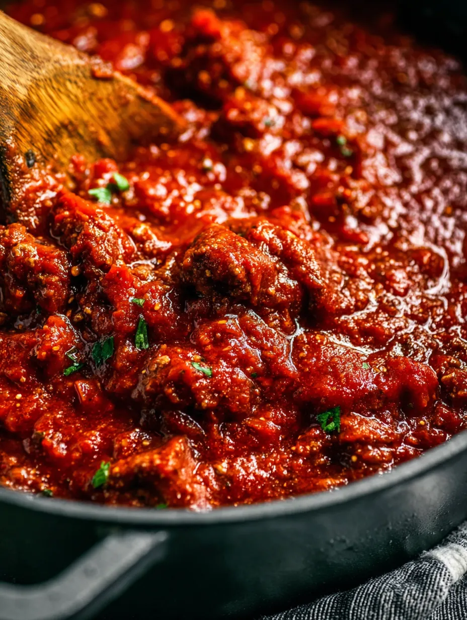 Ein Löffel steckt in einer Schüssel mit roter Sauce.