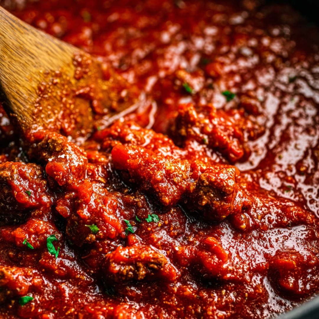 Ein Holzlöffel in einem Topf mit roter Sauce.