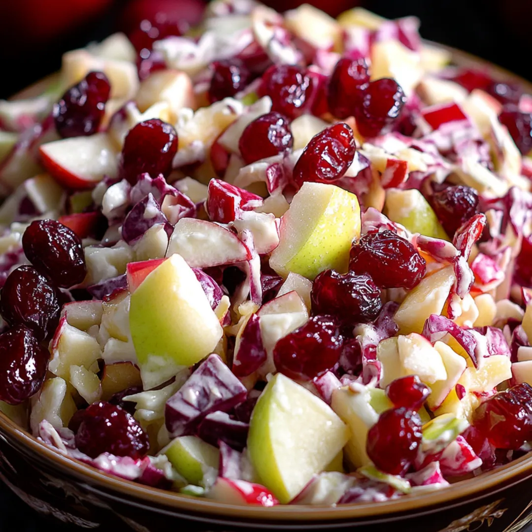 Obstslaw in einer Schüssel mit sichtbaren Cranberries und Äpfeln.