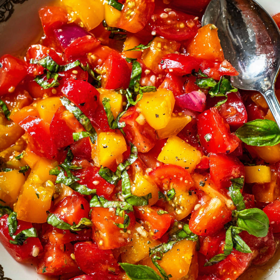 Eine Schüssel mit Tomaten und Basilikum.