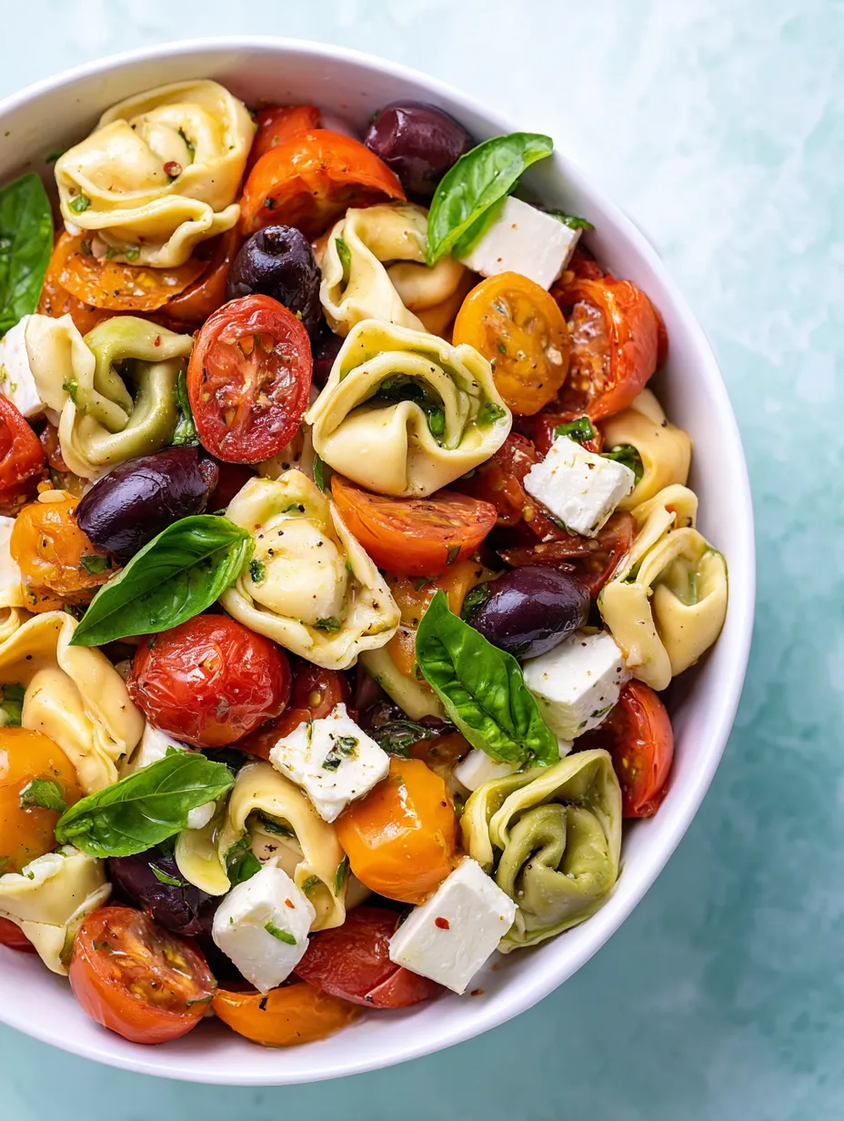 Schüssel mit Pasta, Tomaten, Oliven und Käse.