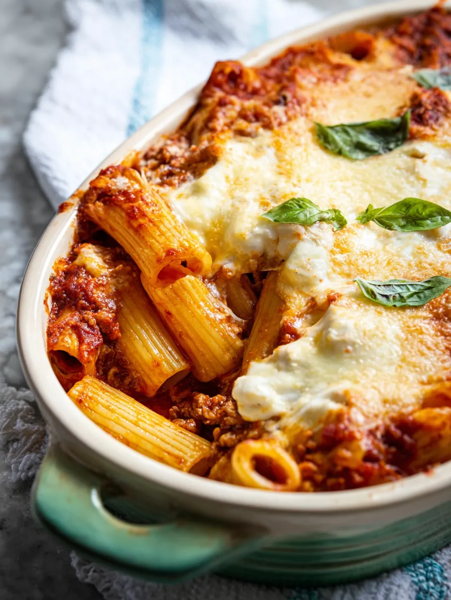 Ein Teller Pasta mit Fleisch und Käse.