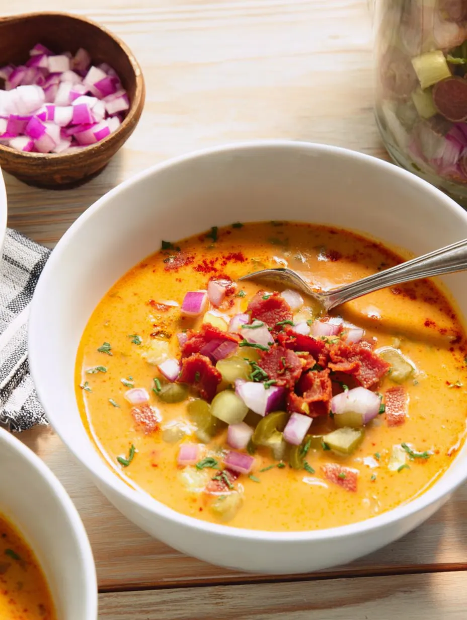 Eine Schale Suppe mit Zwiebeln und Paprika.