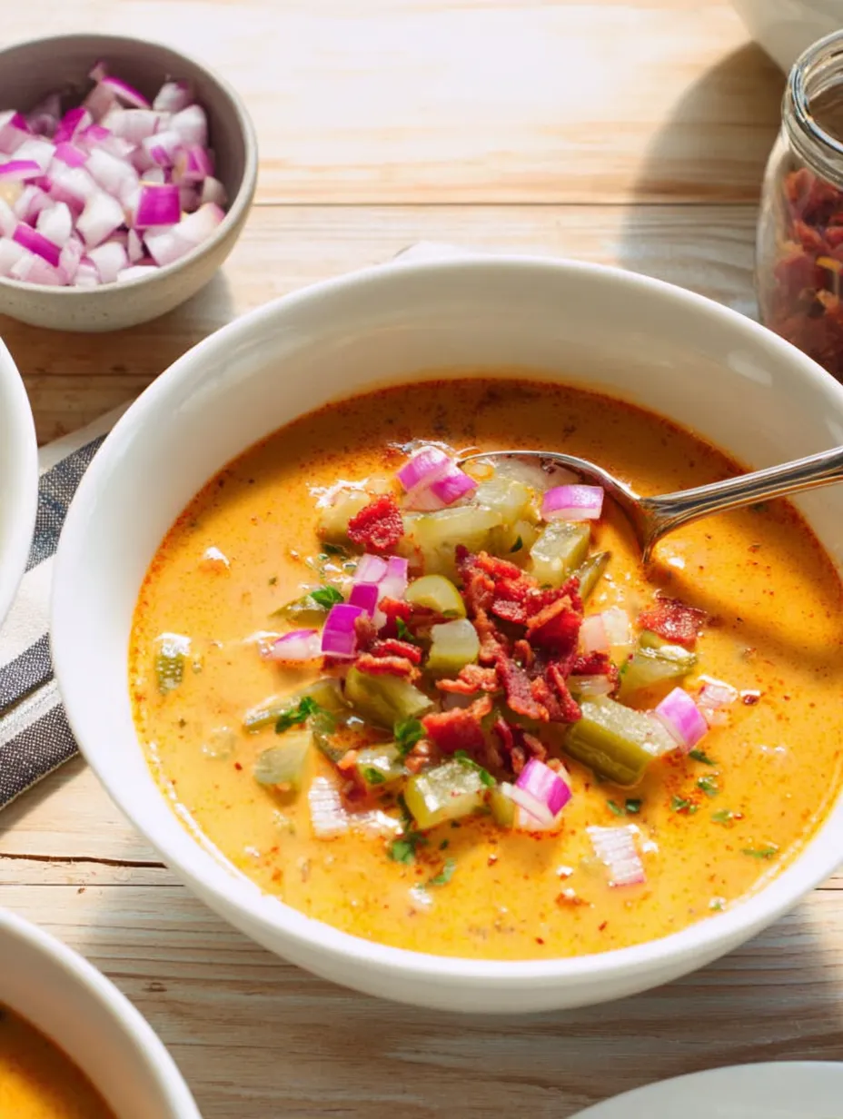 Eine Schale Suppe mit Gemüse und Bacon.