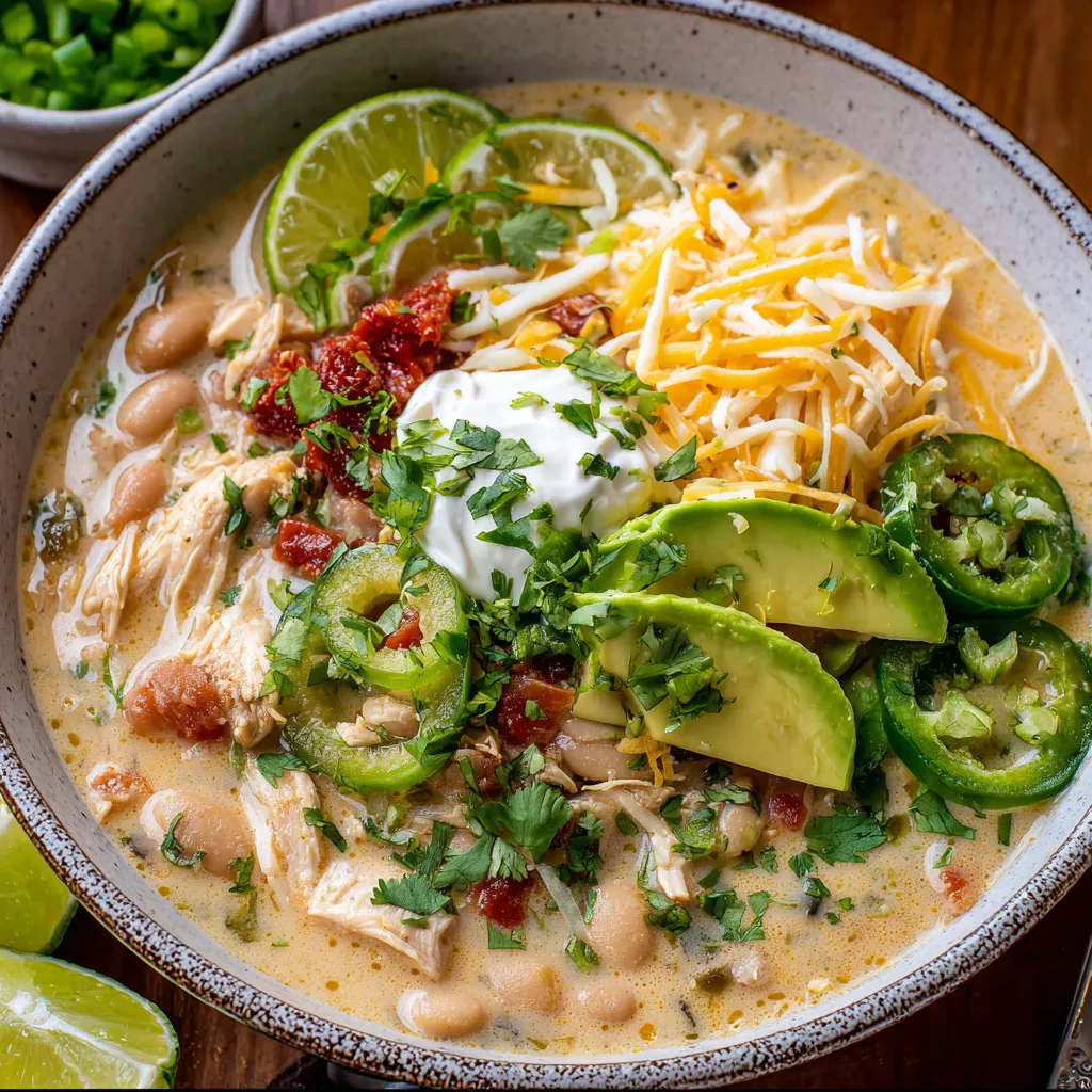 Schale dampfendes Chili mit Huhn, Bohnen & Avocado obendrauf.