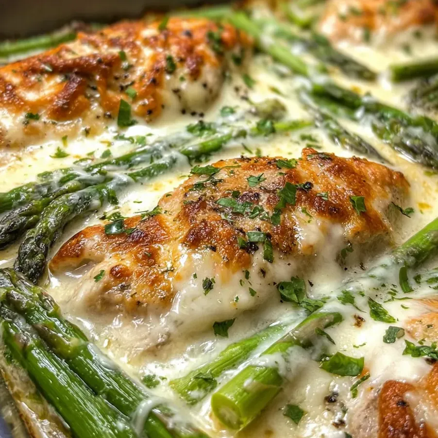 Hähnchen mit überbackenem Spargel aus einer Form.