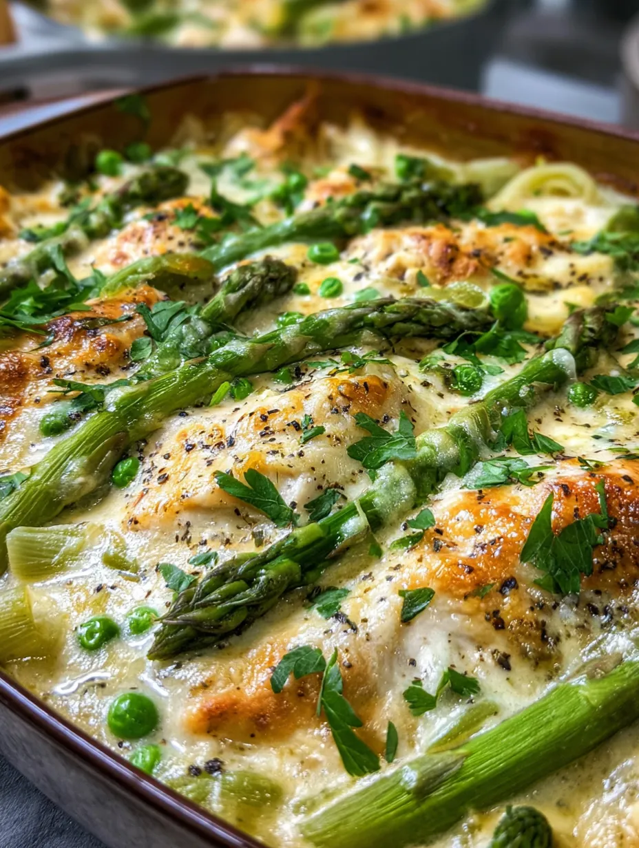 Ein Teller mit Hähnchen, Spargel und Käse.
