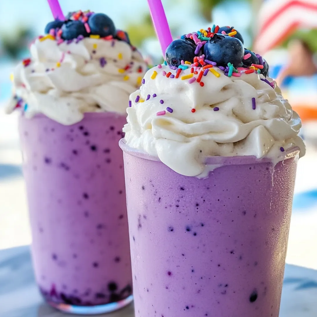 Zwei hohe Gläser mit Blaubeershake und pinken Strohhalmen dekoriert.