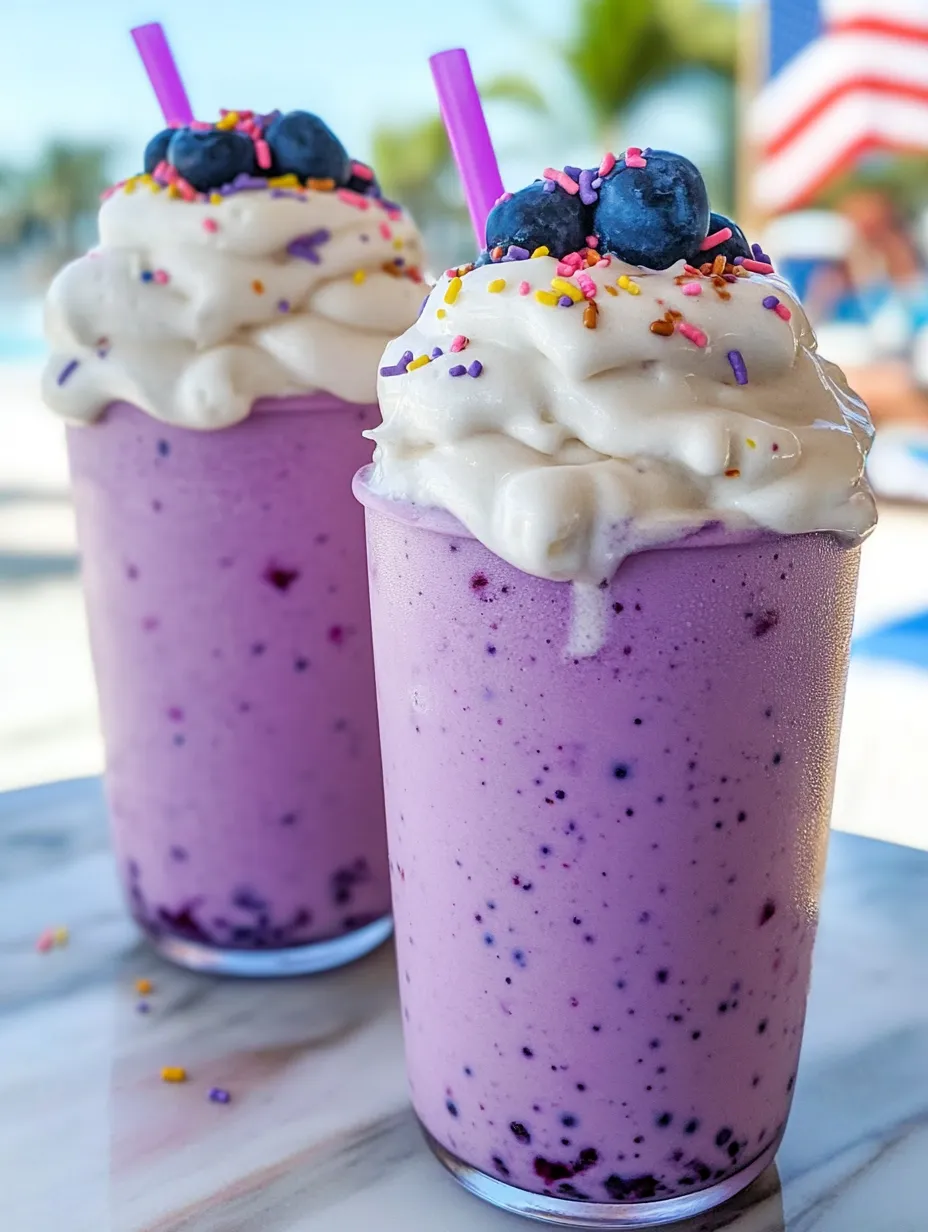 Zwei hohe Gläser mit Blaubeer-Shake und bunten Streuseln oben drauf.