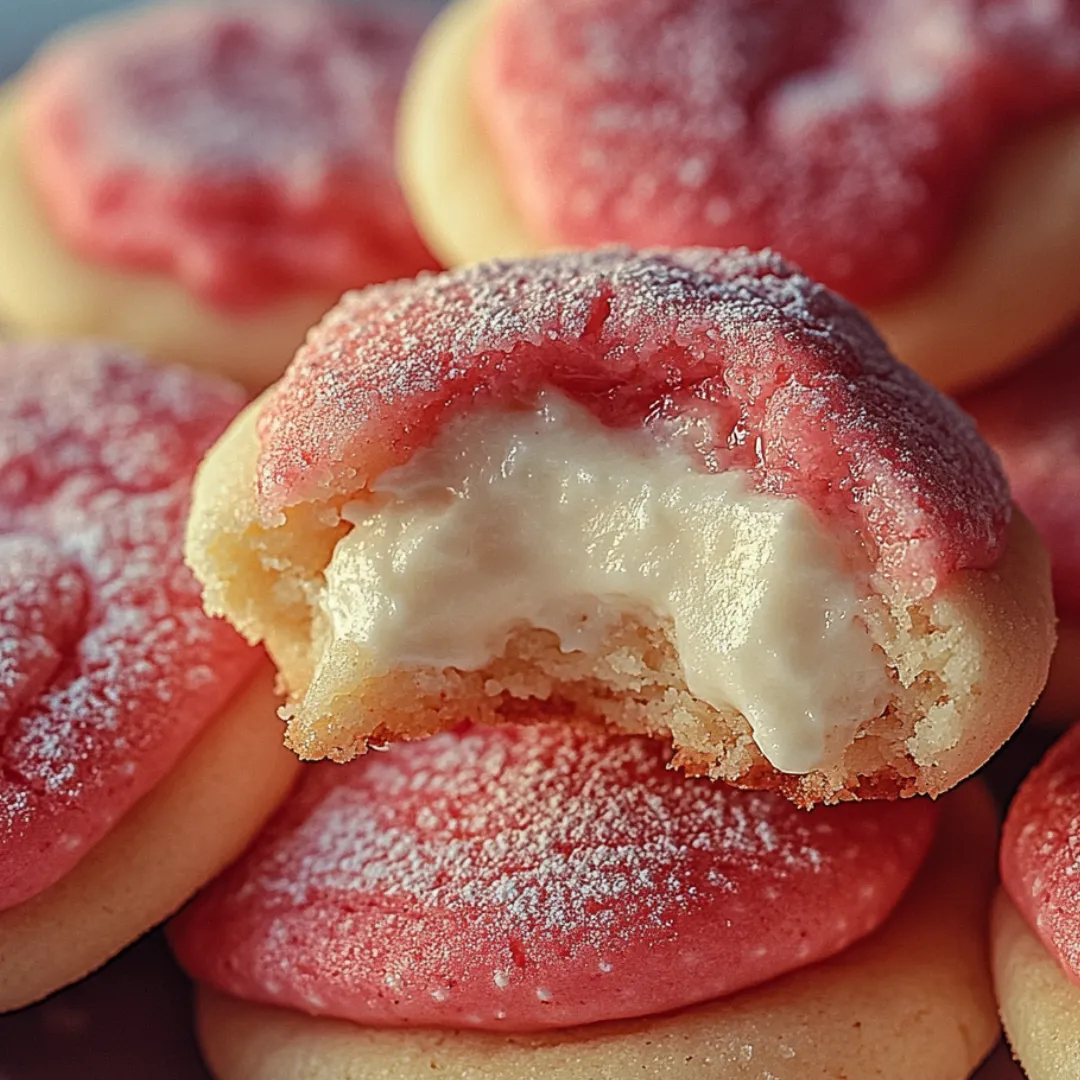 Nahaufnahme: Cookie mit Erdbeerstückchen und cremigen Frischkäse-Spuren sichtbar.