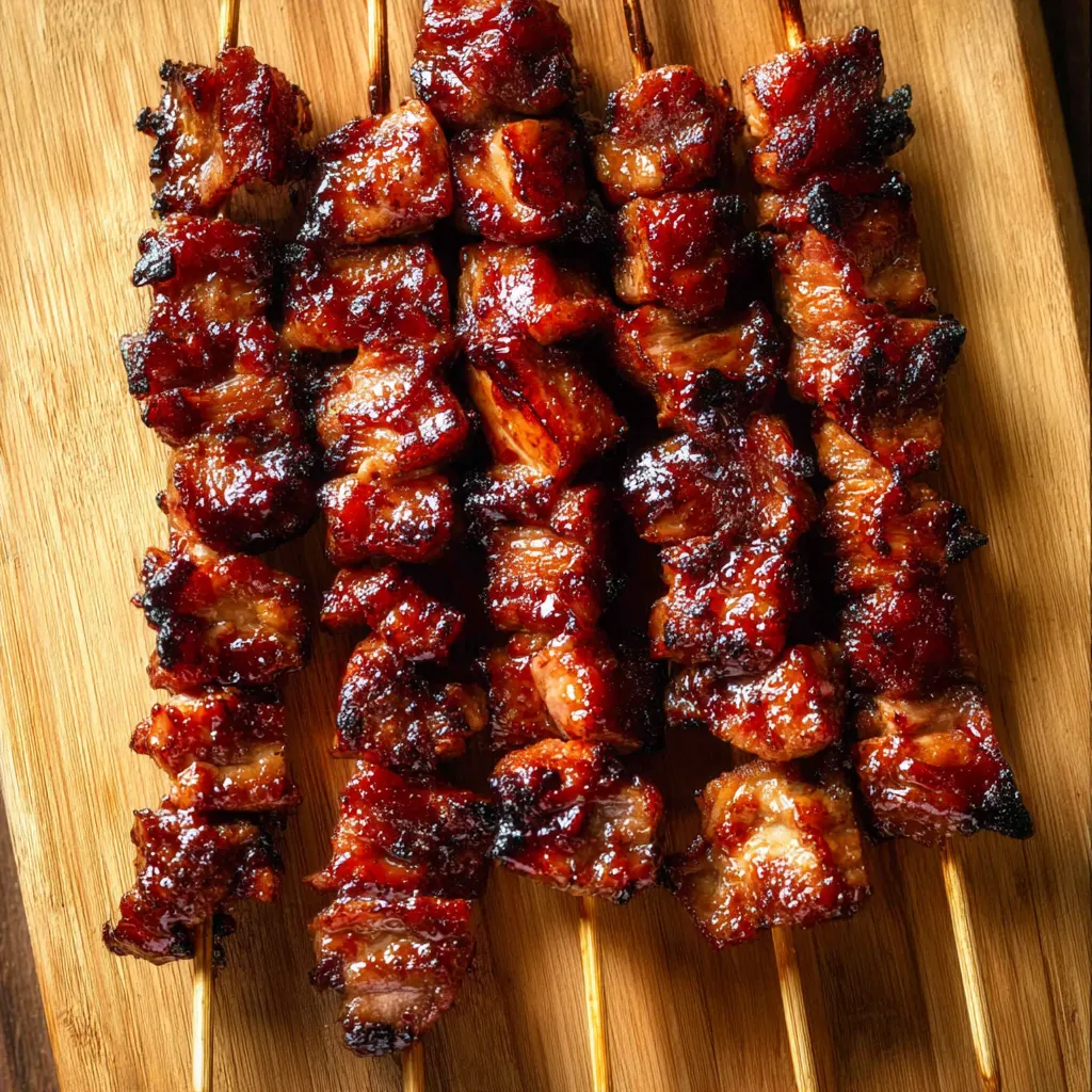 Auf einem Brett liegen gegrillte Fleischspieße.