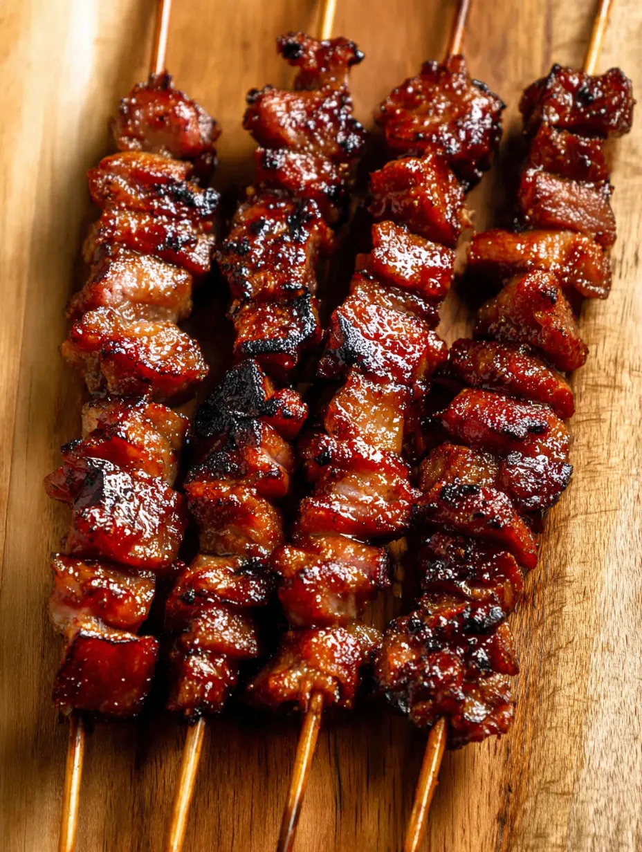 Ein Holzbrett voll mit Grillspießen.