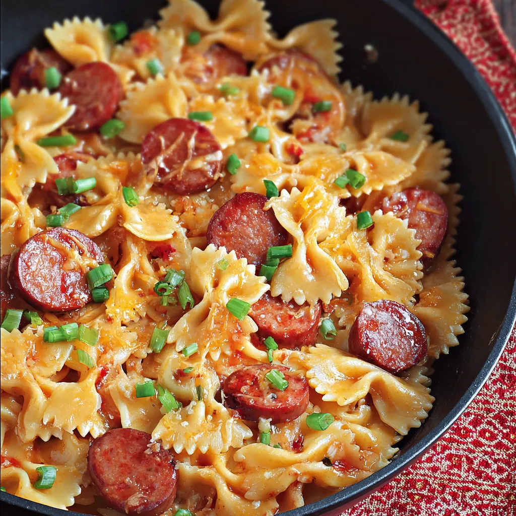 Eine Schüssel Nudeln mit Wurst und Gemüse.