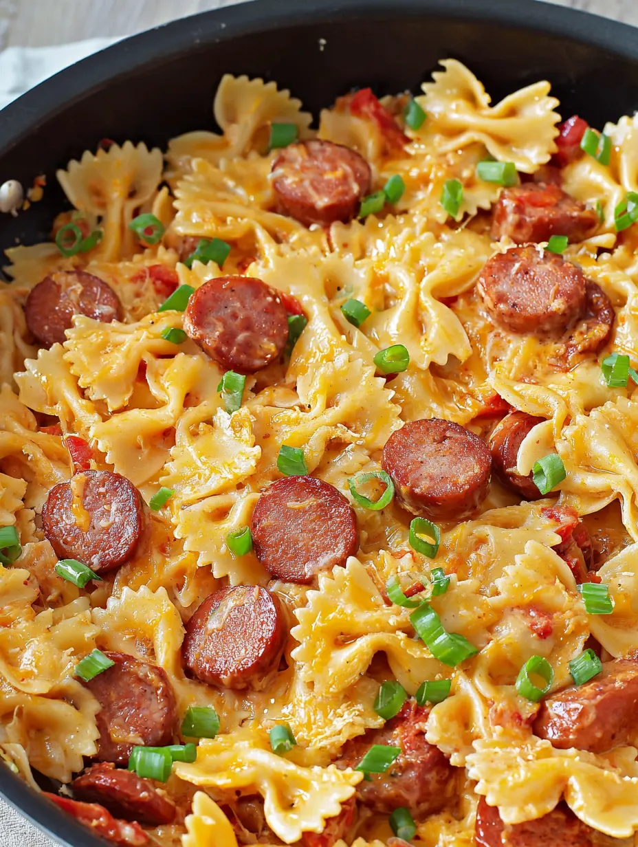Eine Schüssel Pasta mit Wurst und Frühlingszwiebeln.