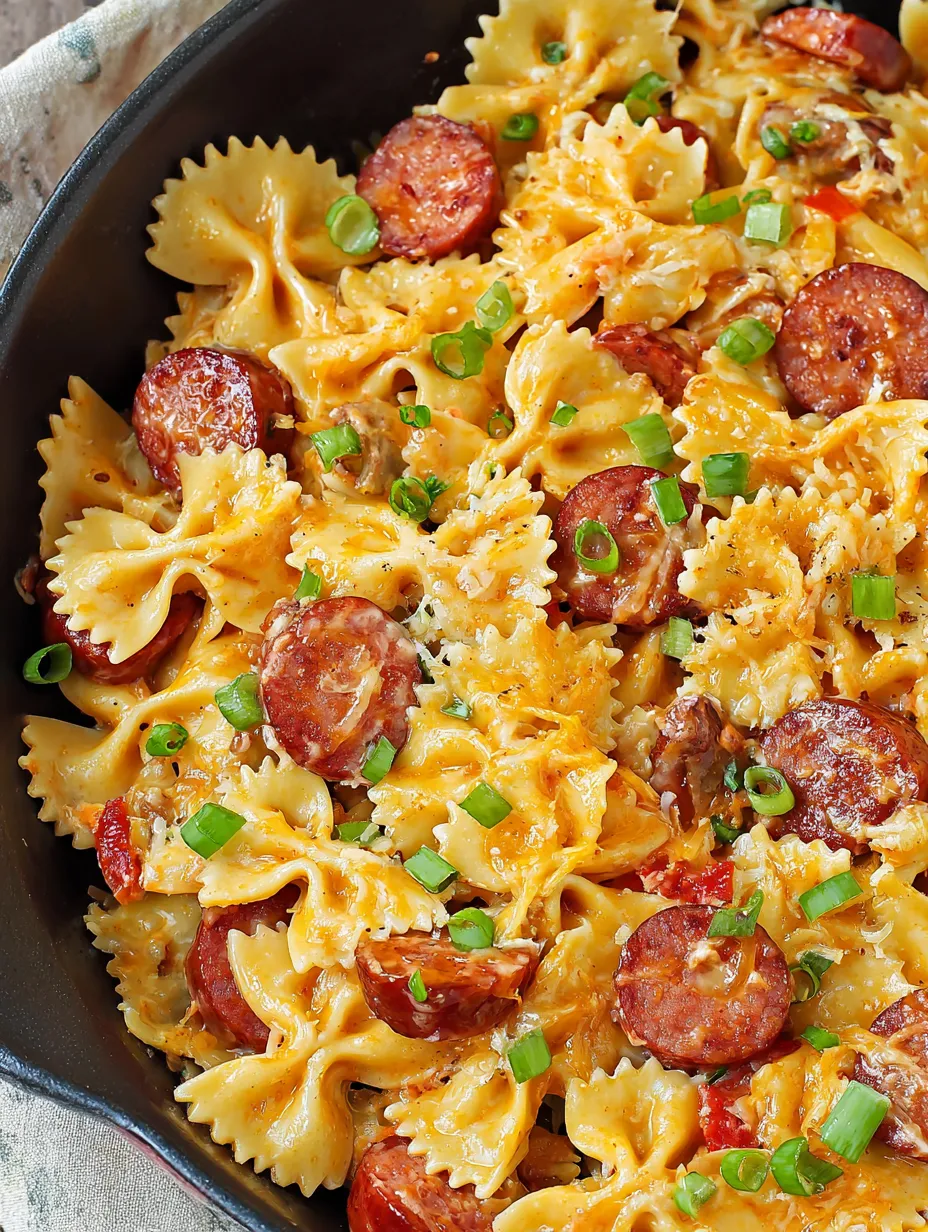 Eine Schüssel Pasta mit Wurst und Frühlingszwiebeln.