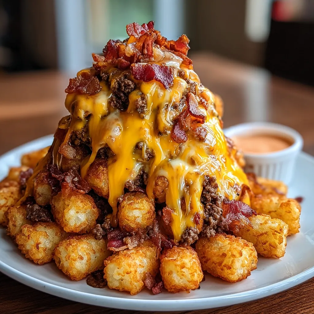 Teller mit goldenen Kegeln, viel Käse und Bacon obendrauf.