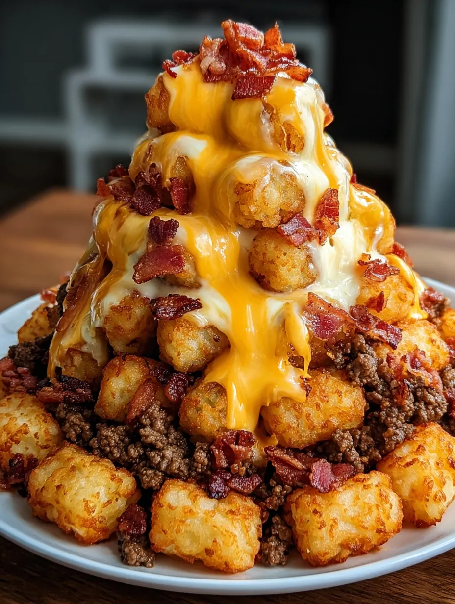 Ein Teller mit Essen, belegt mit Bacon und Käse.