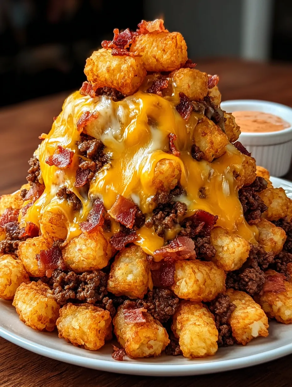 Ein Teller mit einem Bacon-Cheeseburger und Tater Tots.