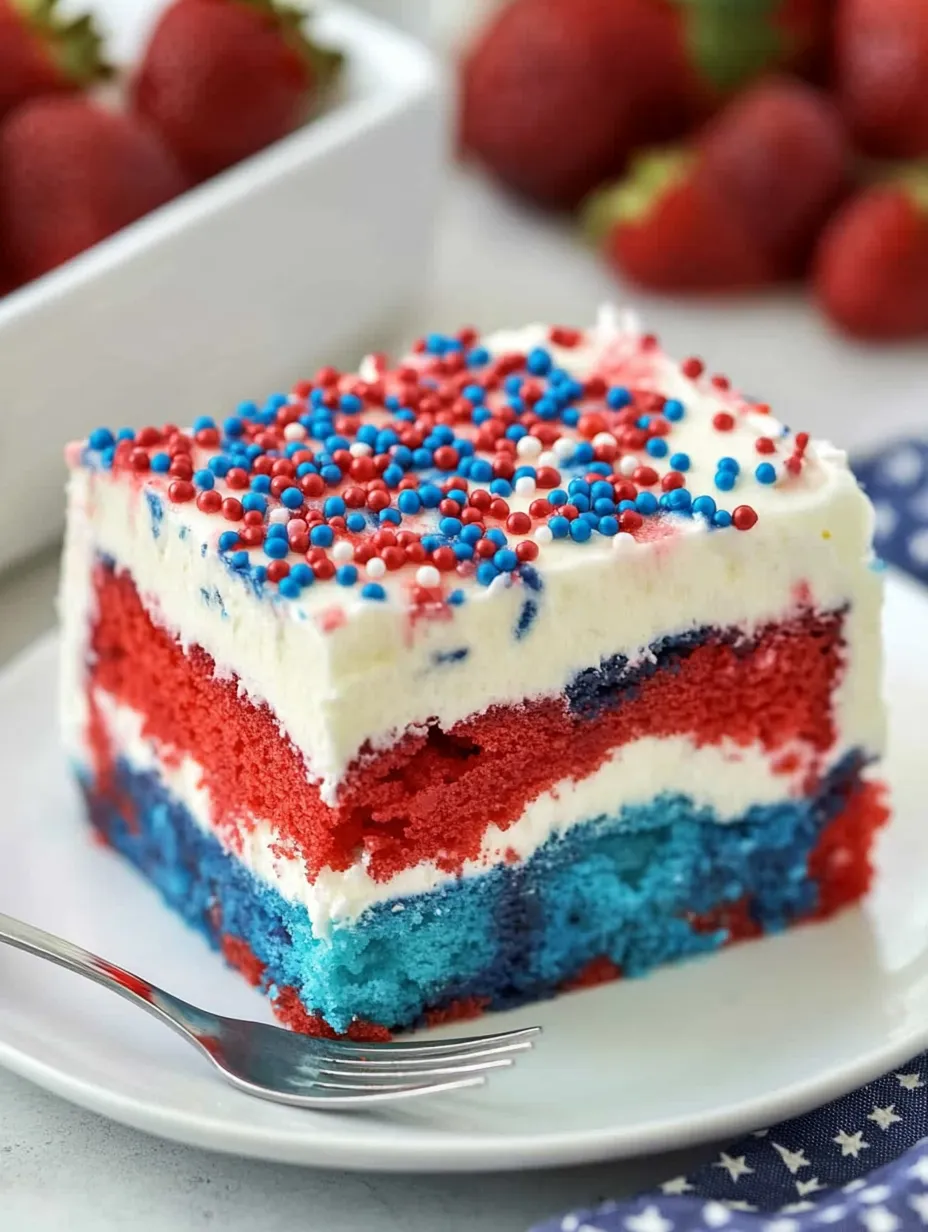 Ein Stück rot-weiß-blauer Kuchen.