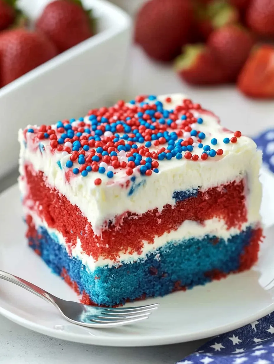 Ein Stück rot-weiß-blauer Kuchen.