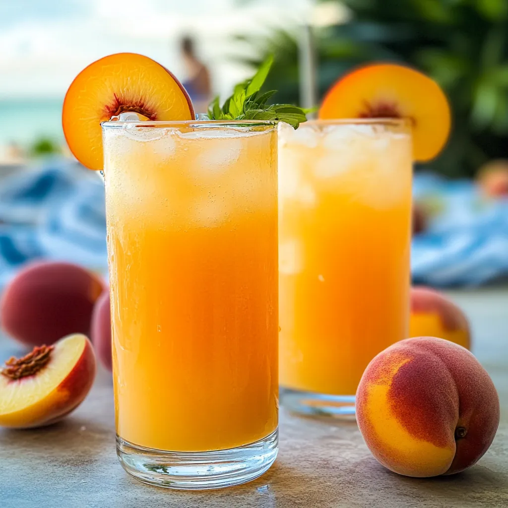 Zwei Gläser Pfirsichsaft mit Pfirsichen auf dem Tisch.