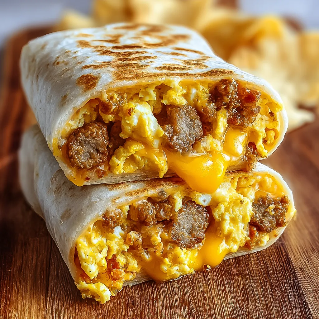 Ein Frühstücks-Wrap mit Ei und Wurst.