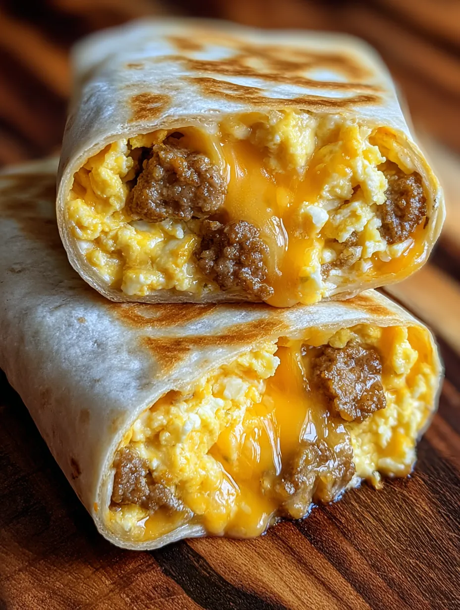 Ein Frühstücks-Burrito mit Eiern, Wurst und Käse.