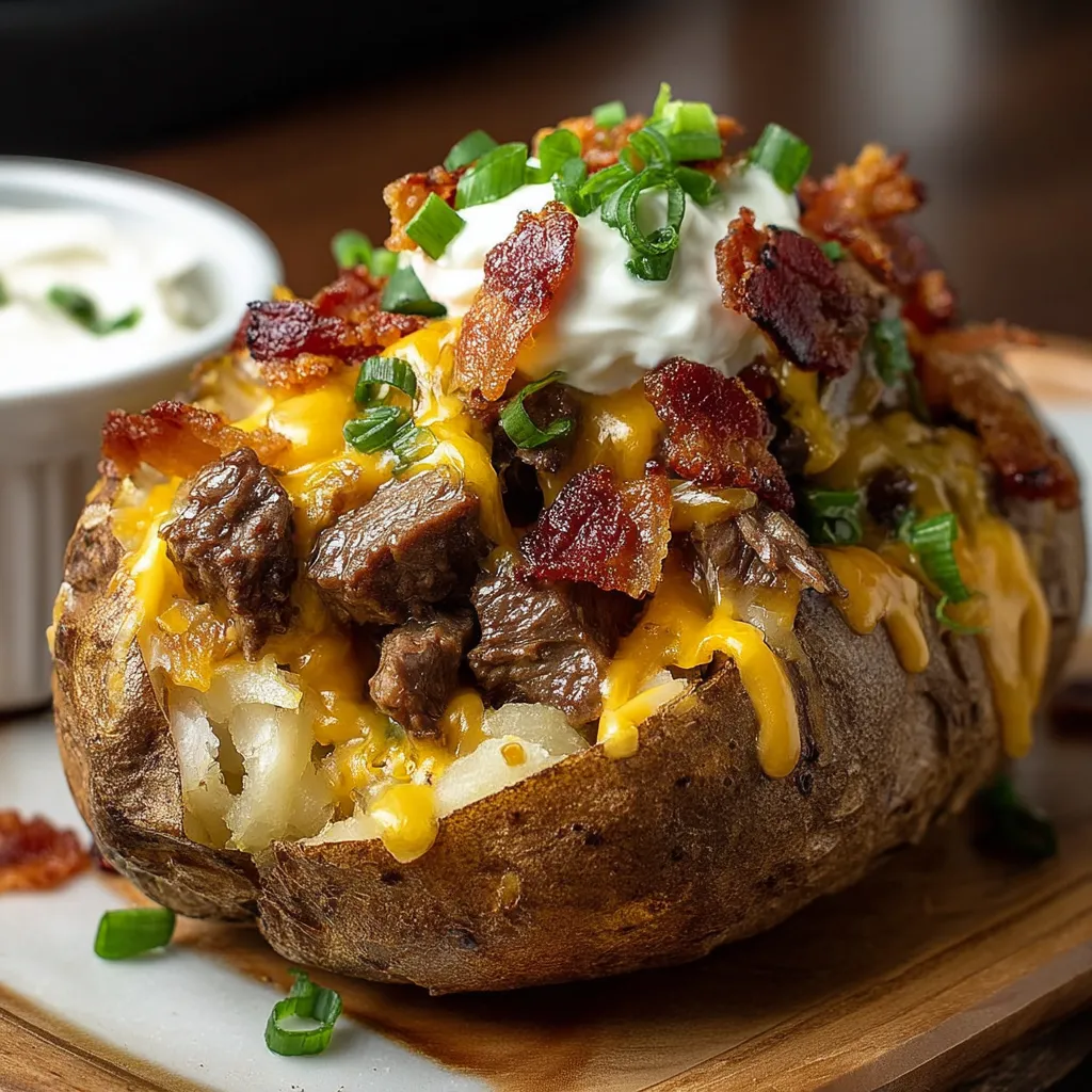 Knusprige Kartoffel mit Bacon und Käse aus der Nähe betrachtet.