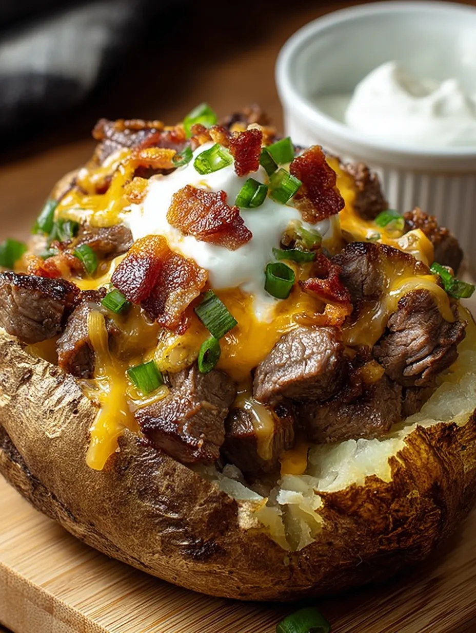 Nahaufnahme einer mit Bacon und Käse belegten Kartoffel.
