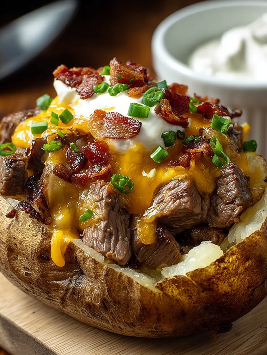 Detailaufnahme eines mit Bacon umwickelten Steaks in einer gebackenen Kartoffel.
