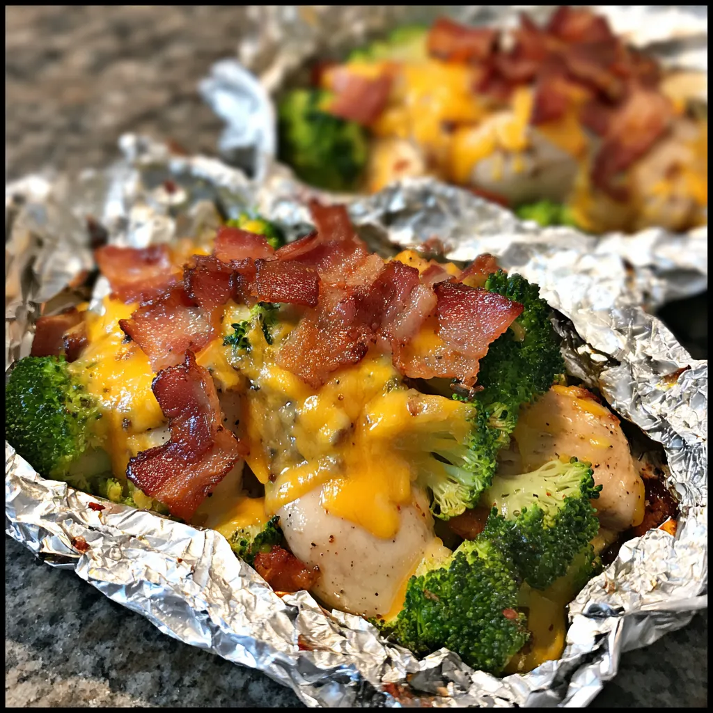 Ein mit Alufolie verpacktes Gericht mit Bacon und Brokkoli.