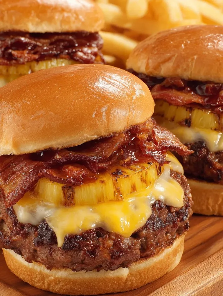 Zwei Burger mit Speck und Ananas.